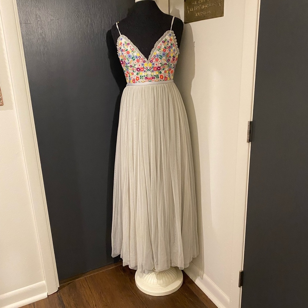 💜 Needle and Thread Seafoam Green Floral Embroidered Long Dress Gown